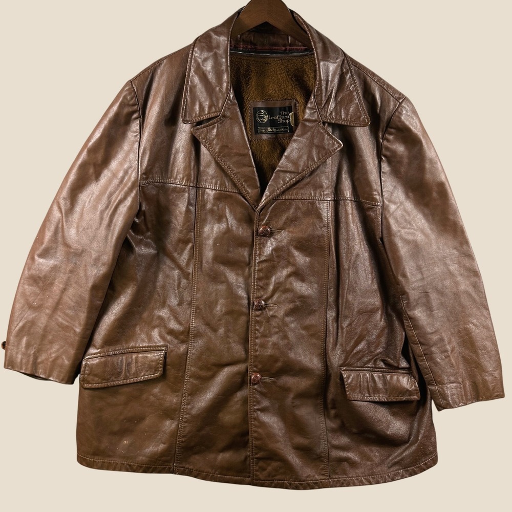 Vintage Sears The Leather Shop Coat Men 54 Brown Rancher Western Faux Fur 70s